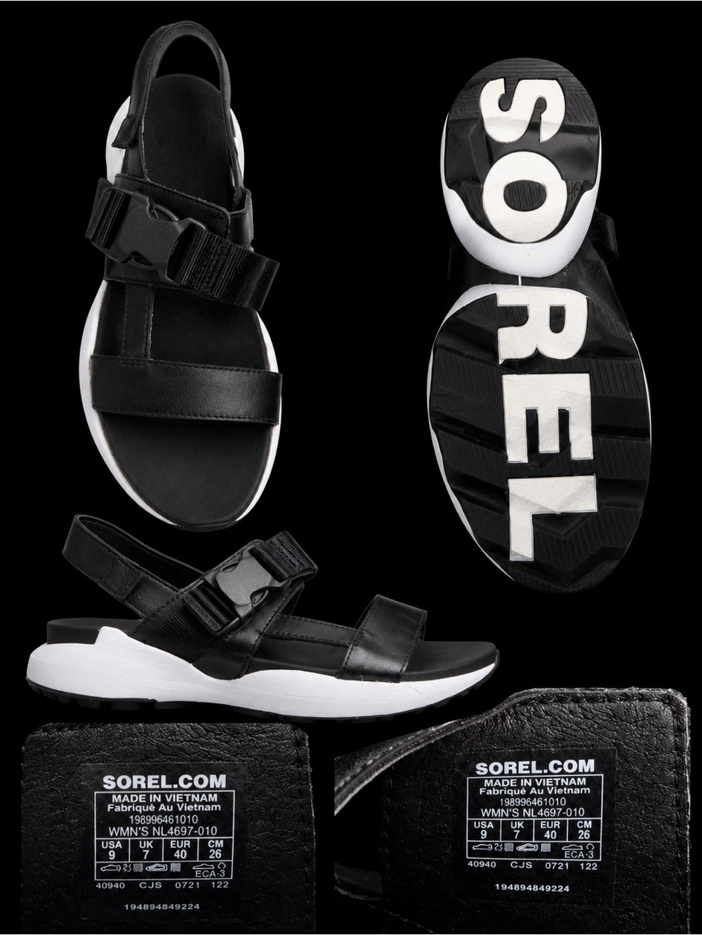 Sorel Black and White Sport Sandals with Logo Sole
